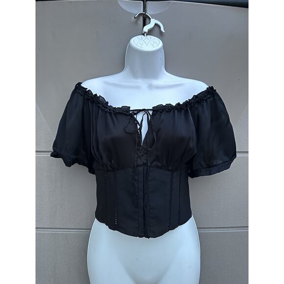 Bebe Black Silk Linen Corset Top Off The Shoulder Y2K Milkmaid Coquette Sz 4 - Picture 2 of 15